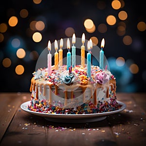 Lit candles adorn a colorful birthday cake on a wooden table