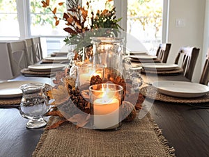 Lit Candles and Fall Decor on a Rustic Table Setting