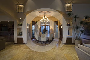 Lit Circular Dining Room Of Modern Home