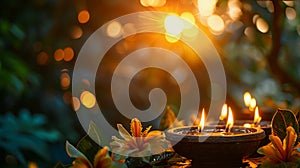 Lit Clay Diya, Lush Greenery, Floral Accents. Diwali or Sinhala New Year Greeting Card. AI Generated