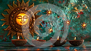 Lit Clay Diyas And Golden Sun Face on Turquoise Wall. Sinhala New Year or Diwali. AI Generated