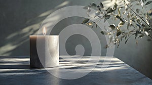 A lit cylindrical candle sits atop a smooth, flat surface, casting a soft glow photo