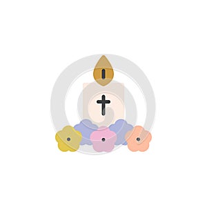 Lit Easter candle and flowers flat icon