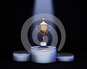 Lit a glowing Golden Cup on a pedestal. Award winning and championship cup. 3d rendering