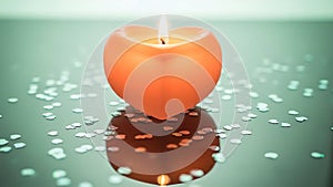 Lit Heart-Shaped Candle on Reflective Surface