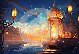 Lit lantern at night arabic city and glittering golden bokeh lights