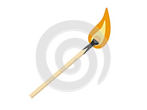 Lit match stick burning with fire flame isolated on white background. Wooden match. Match with fire. Flat vector