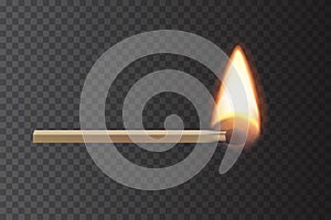 Lit match stick burning with fire flame. Wooden match, hot and glowing red isolated on transparent background. Abstract