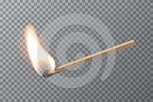 Lit match stick burning with fire flame. Wooden match, hot and glowing red isolated on transparent background. Abstract