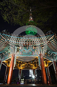 Lit pavilion and N Seoul Tower at the Namsan Park