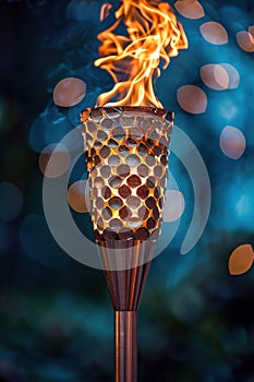 A lit torch is shown in a blurry image with a dark background