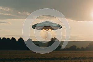 Lit ufo hovering above field, created using generative ai technology