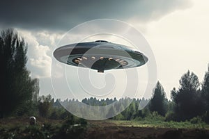 Lit ufo hovering above field, created using generative ai technology