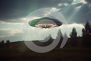 Lit ufo hovering above field, created using generative ai technology