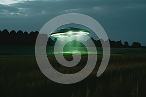 Lit ufo hovering above field at night, created using generative ai technology