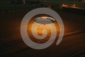 Lit ufo hovering above field at night, created using generative ai technology