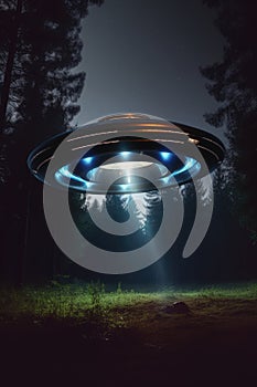 Lit ufo hovering above field at night, created using generative ai technology