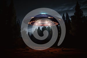 Lit ufo hovering above field at night, created using generative ai technology