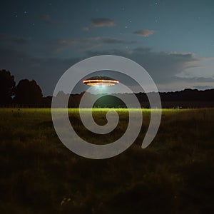Lit ufo hovering above field at night, created using generative ai technology