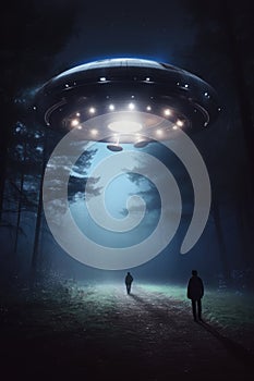Lit ufo hovering above people in field at night, created using generative ai technology