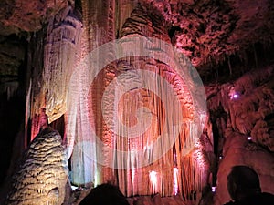 Lit-up draperies in Meramec Caves, Stanton, Missouri