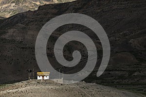 Lit up house near kibber village, Spiti Valley, Himachal Pradesh, India