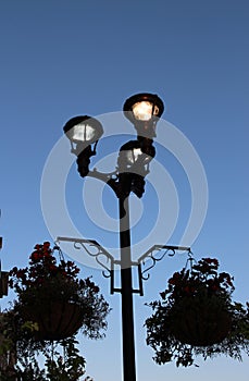 The lit up street lamp