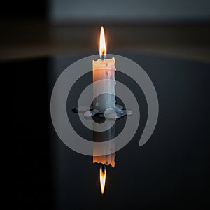 The orange flame flickers casting a soft glow. The surrounding