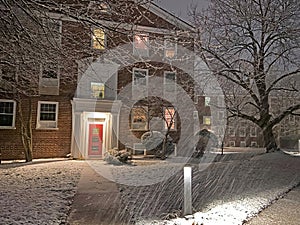 Lite Snow in the Neighborhood at Night
