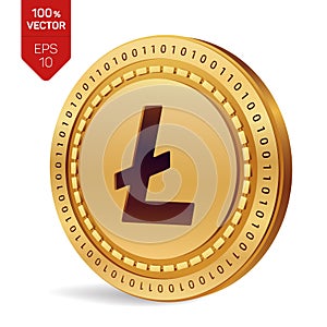 Litecoin. 3D isometric Physical coin. Digital currency. Cryptocurrency. Golden coin with Litecoin symbol isolated on white backgro