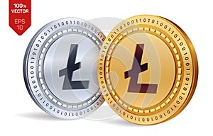 Litecoin. 3D isometric Physical coins. Digital currency. Cryptocurrency. Golden and silver coins with litecoin symbol isolated on