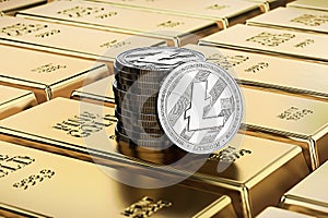 Litecoin coins laying on stacked gold bars gold ingots rendered with shallow depth of field. Concept of highly desirable cryptoc