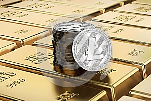 Litecoin coins laying on stacked gold bars gold ingots rendered with shallow depth of field. Concept of highly desirable cryptoc photo