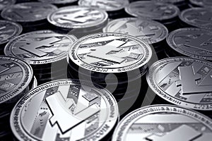 Litecoin coins LTC in blurry closeup. New cryptocurrency and modern banking concept. photo