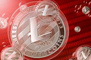 Litecoin crash, bubble. Litecoin LTC cryptocurrency coins in a bubbles on the binary code background