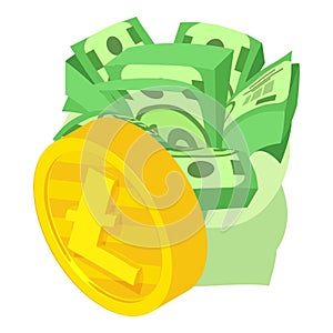 Litecoin cryptocurrency icon isometric vector. Gold litecoin coin near money bag