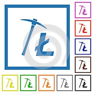 Litecoin cryptocurrency mining flat framed icons