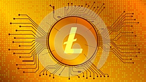 Litecoin cryptocurrency token symbol, LTC coin icon in circle with pcb on gold background.