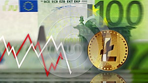 Litecoin LTC cryptocurrency coin over 100 Euro banknotes loop