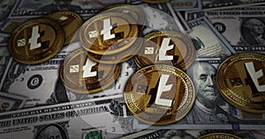 Litecoin LTC cryptocurrency coin over Dollar banknotes looped