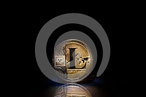 Litecoin LTC token, standing upright on a reflective background