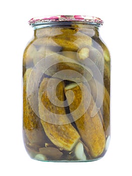 Liter jar of pickled cucumbers on a white background, salted isolated gherkins