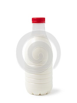 Liter plastic bottle of milk with a red cap isolated on a white background with clipping paths with shadow and no shadow