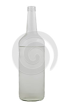 Liter transparent bottle with clear liquid on a white background