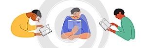 Literacy day, books lover vector illustration with young man reading holding book in hand