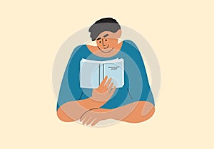 Literacy day, extracurricular literature, books lover vector illustration with young man reading holding book in hand