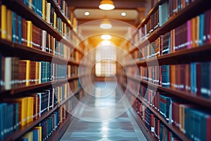 Literary ambiance Abstract blur of a public librarys tranquil space photo