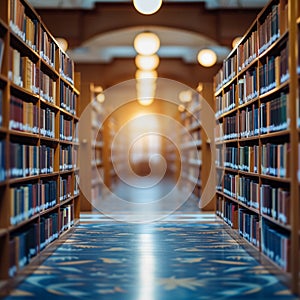 Literary ambiance Abstract blur of a public librarys tranquil space photo