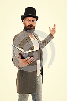 Literary criticism. Faced with senseless drama. Eloquence and diction. Bearded man read book. Poetry reading. Book