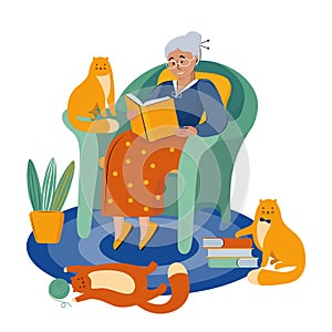 Literary fan. Grandmother with glasses is sitting in a big chair reading a book. Retired lover of literature. Elderly woman with